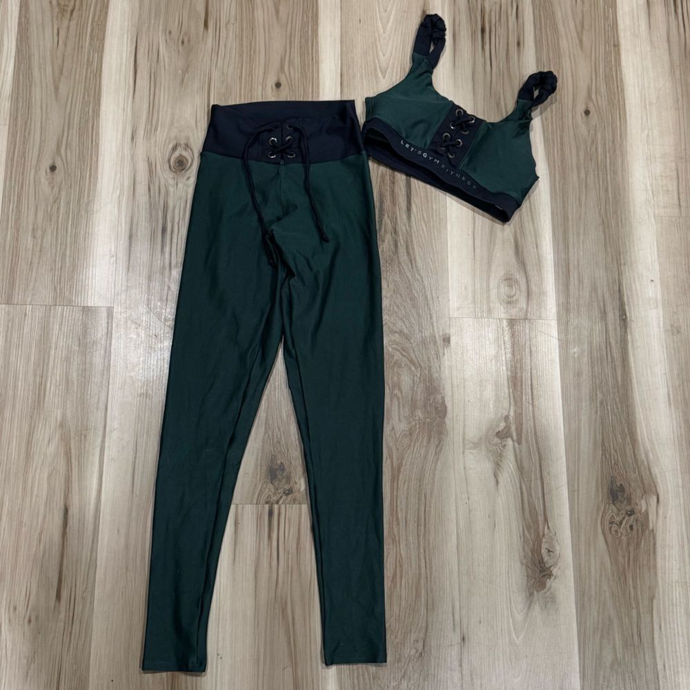 Let’s Gym Fitness Emerald Green Black Lace Up Leggings Sports Bra Women’s Small